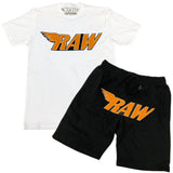 Men RAW Orange Chenille Crew Neck and Cotton Shorts Set - White Tee / Black Shorts - Rawyalty Clothing