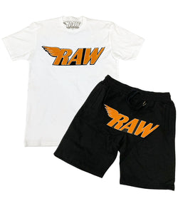 Men RAW Orange Chenille Crew Neck and Cotton Shorts Set - White Tee / Black Shorts - Rawyalty Clothing