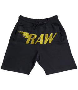 Men RAW Yellow Bling Cotton Shorts - Black - Rawyalty Clothing