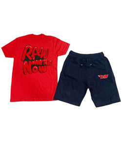 RAW Bubble Chenille Crew Neck and Cotton Shorts Set - Red Tees / Navy Shorts - Rawyalty Clothing
