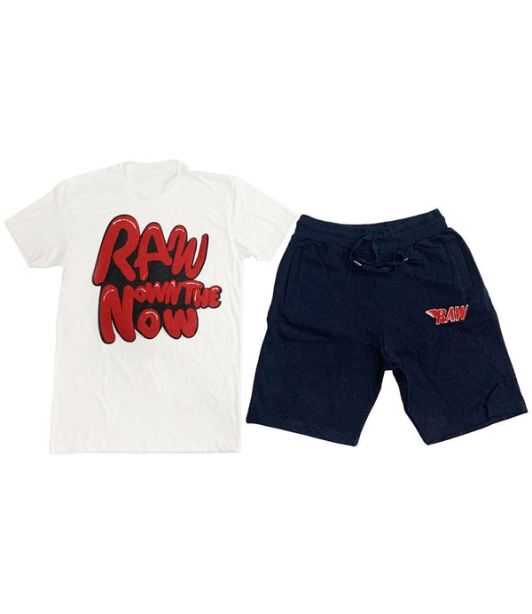 RAW Bubble Chenille Crew Neck and Cotton Shorts Set - White Tees / Navy Shorts - Rawyalty Clothing