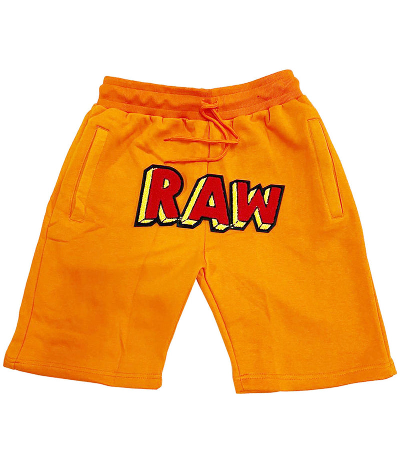 Men RAW Cartoon Chenille Cotton Shorts - Orange - Rawyalty Clothing