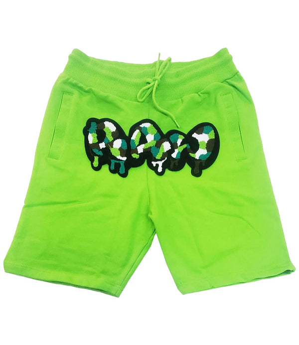 Men RAW Drip Camo Green Chenille Cotton Shorts - Lime - Rawyalty Clothing