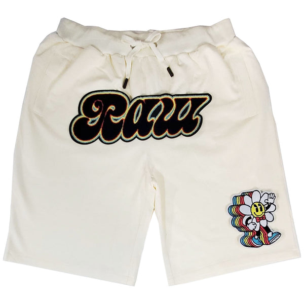 Men RAW Retro Flower Chenille Cotton Shorts - Cream - Rawyalty Clothing