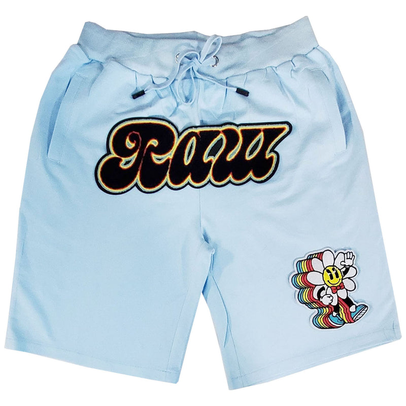Men RAW Retro Flower Chenille Cotton Shorts - Light Blue - Rawyalty Clothing