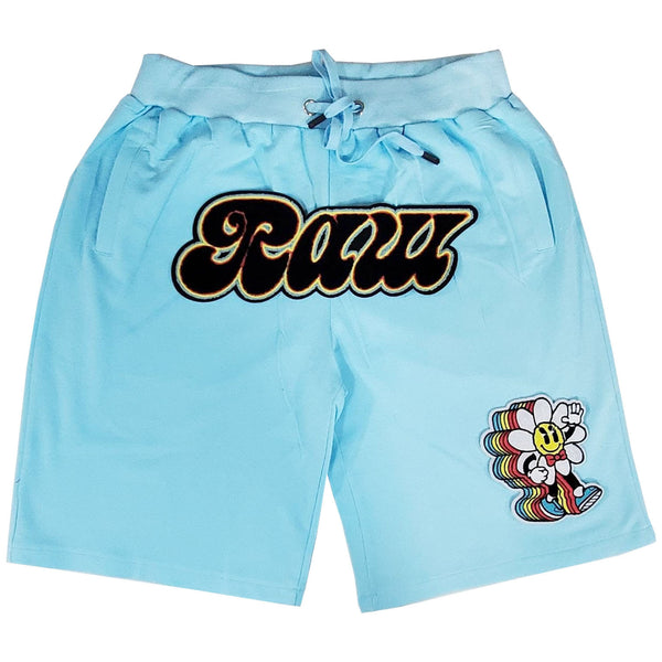 Men RAW Retro Flower Chenille Cotton Shorts - Sky - Rawyalty Clothing