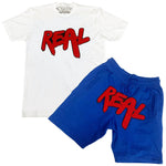 Men Real Red Chenille Crew Neck and Cotton Shorts Set - White Tees / Royal Shorts - Rawyalty Clothing