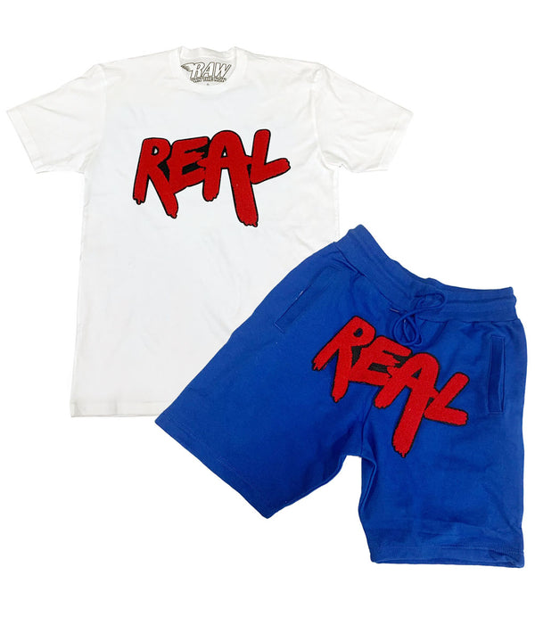 Men Real Red Chenille Crew Neck and Cotton Shorts Set - White Tees / Royal Shorts - Rawyalty Clothing