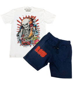 Skull Music Print Crew Neck and Cotton Shorts Set - White Tees / Navy Shorts - Rawyalty Clothing