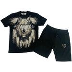Men Wolf Hand Made Sequin Crew Neck and Cotton Shorts Set - Black Tees / Black Shorts - Rawyalty Clothing