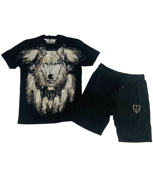 Men Wolf Hand Made Sequin Crew Neck and Cotton Shorts Set - Black Tees / Black Shorts - Rawyalty Clothing