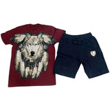 Wolf Hand Made Sequin Crew Neck and Cotton Shorts Set - Maroon Tees / Navy Shorts - Rawyalty Clothing