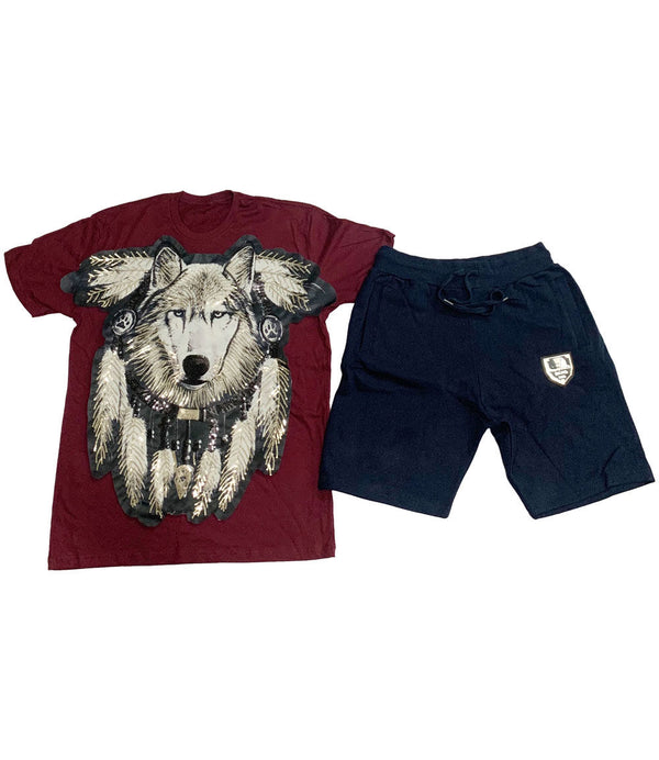 Wolf Hand Made Sequin Crew Neck and Cotton Shorts Set - Maroon Tees / Navy Shorts - Rawyalty Clothing
