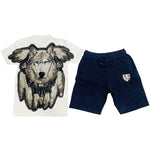 Wolf Hand Made Sequin Crew Neck and Cotton Shorts Set - White Tees / Navy Shorts - Rawyalty Clothing