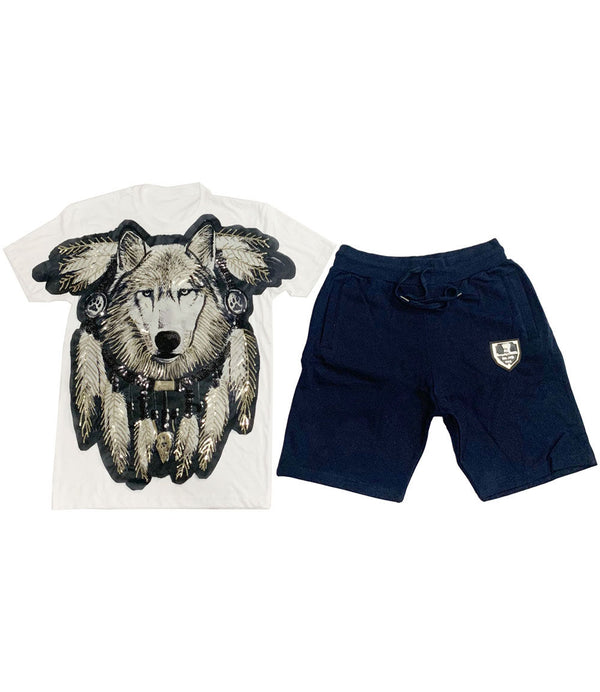 Wolf Hand Made Sequin Crew Neck and Cotton Shorts Set - White Tees / Navy Shorts - Rawyalty Clothing