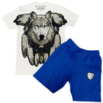Wolf Hand Made Sequin Crew Neck and Cotton Shorts Set - White Tees / Royal Shorts - Rawyalty Clothing
