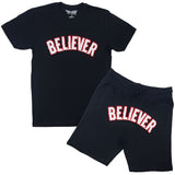 Men BELIEVER Chenille Crew Neck and Cotton Shorts Set - Black Tees / Black Shorts - Rawyalty Clothing