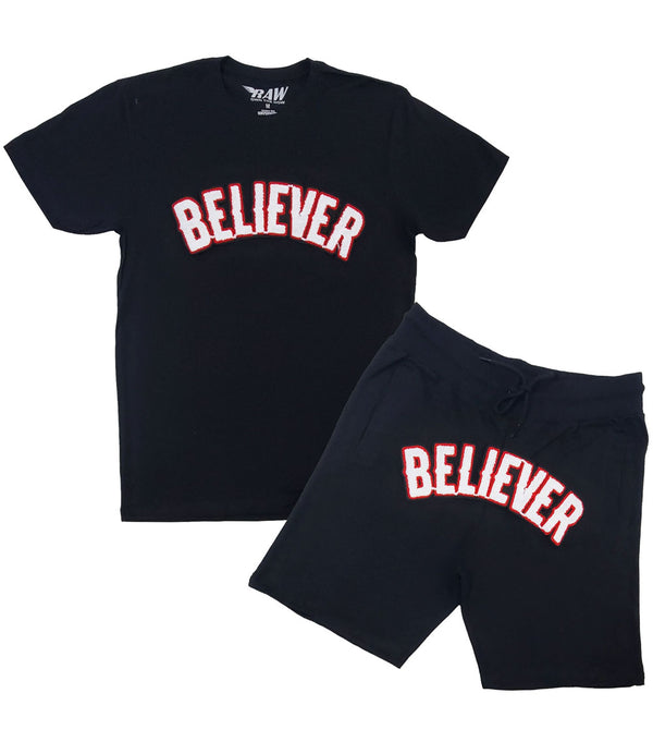 Men BELIEVER Chenille Crew Neck and Cotton Shorts Set - Black Tees / Black Shorts - Rawyalty Clothing