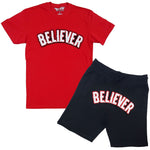 Men BELIEVER Chenille Crew Neck and Cotton Shorts Set - Red Tees / Black Shorts - Rawyalty Clothing
