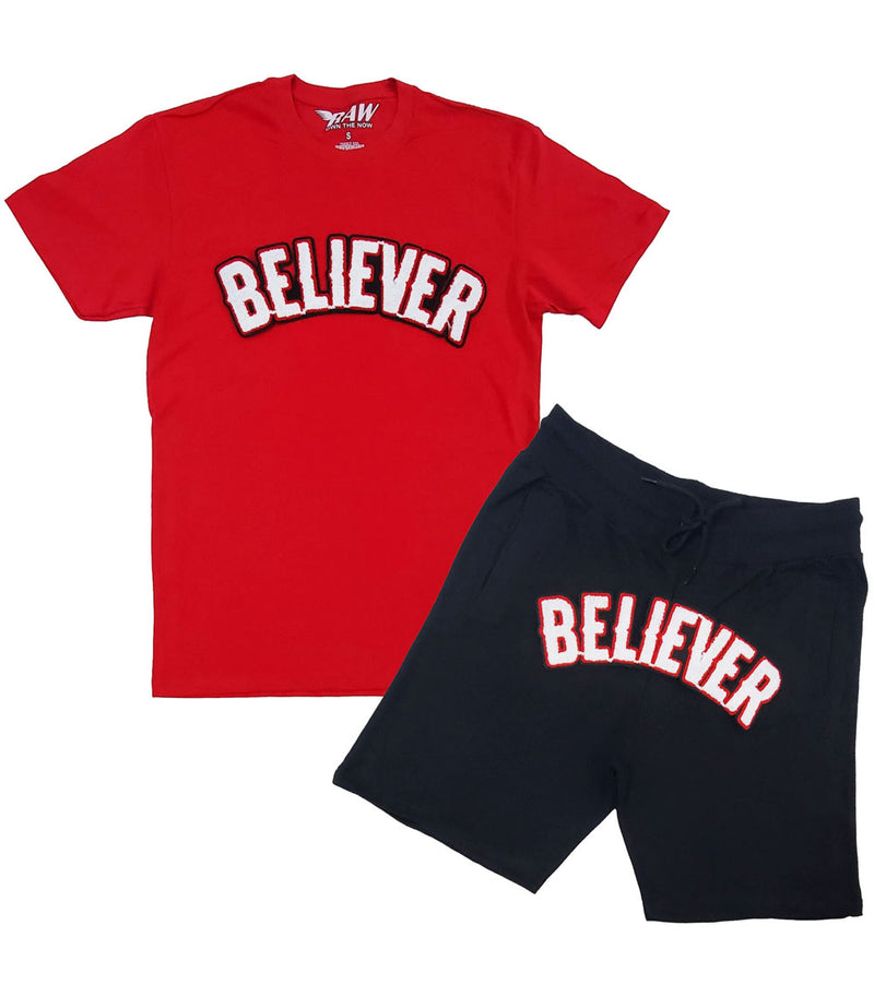 Men BELIEVER Chenille Crew Neck and Cotton Shorts Set - Red Tees / Black Shorts - Rawyalty Clothing
