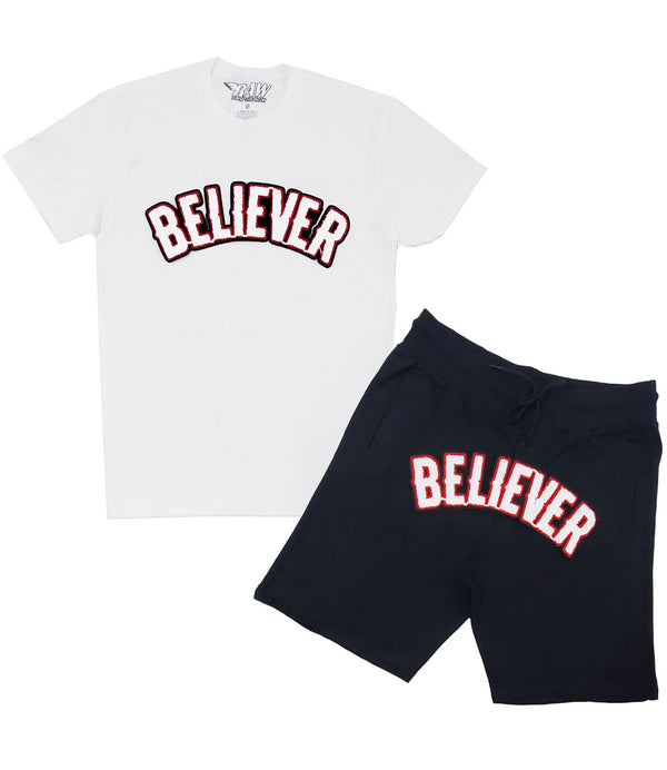 Men BELIEVER Chenille Crew Neck and Cotton Shorts Set - White Tees / Black Shorts - Rawyalty Clothing