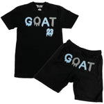 Men GOAT Baby Blue/Grey Chenille Crew Neck and Cotton Shorts Set - Black Tees / Black Shorts - Rawyalty Clothing