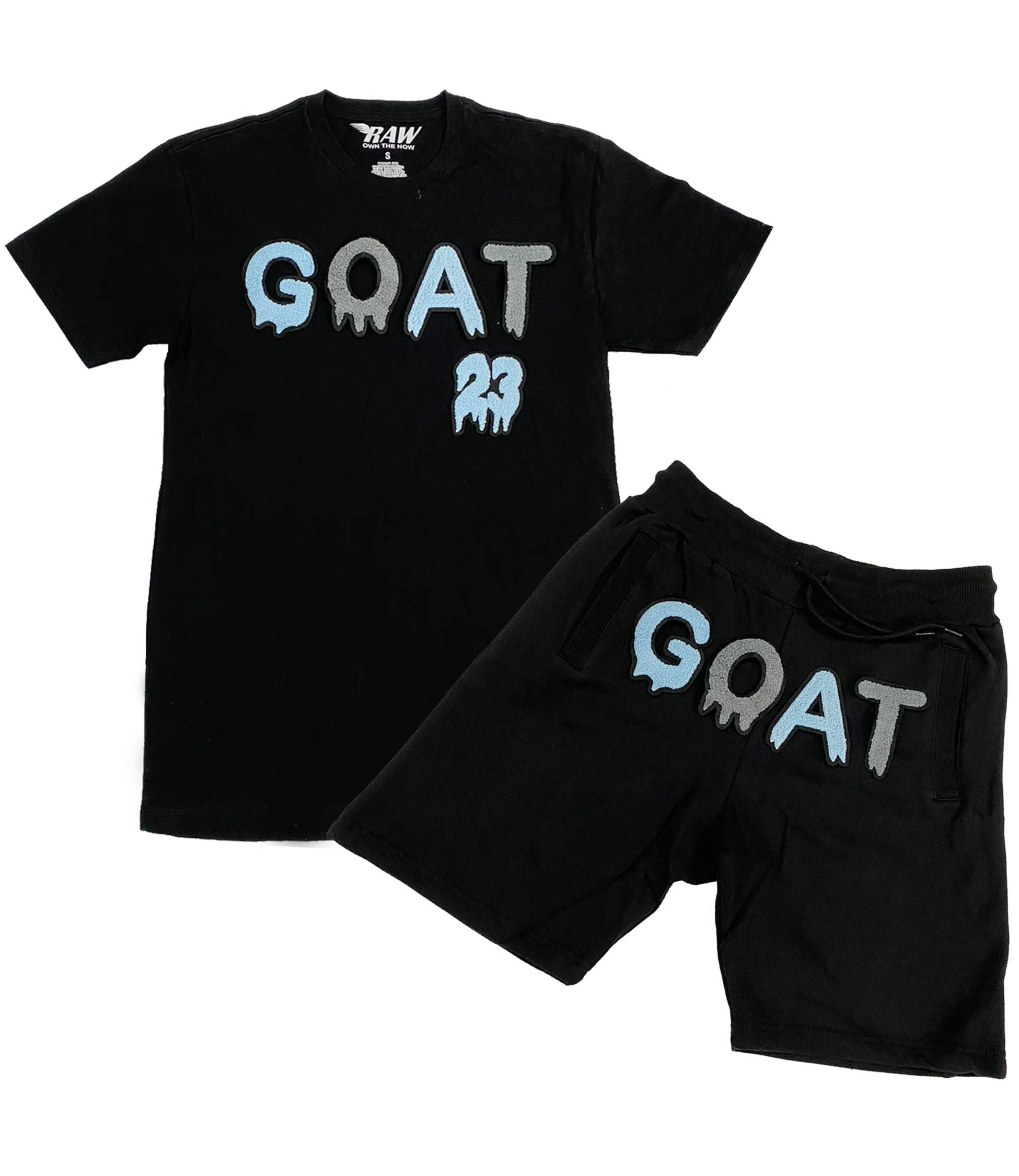 Men GOAT Baby Blue/Grey Chenille Crew Neck and Cotton Shorts Set - Black Tees / Black Shorts - Rawyalty Clothing
