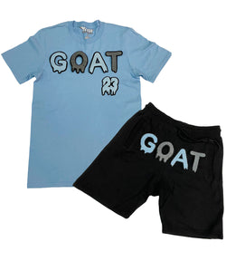 Men GOAT Baby Blue/Grey Chenille Crew Neck and Cotton Shorts Set - Carolina Blue Tees / Black Shorts - Rawyalty Clothing