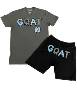 Men GOAT Baby Blue/Grey Chenille Crew Neck and Cotton Shorts Set - Heavy Metal Tees / Black Shorts - Rawyalty Clothing