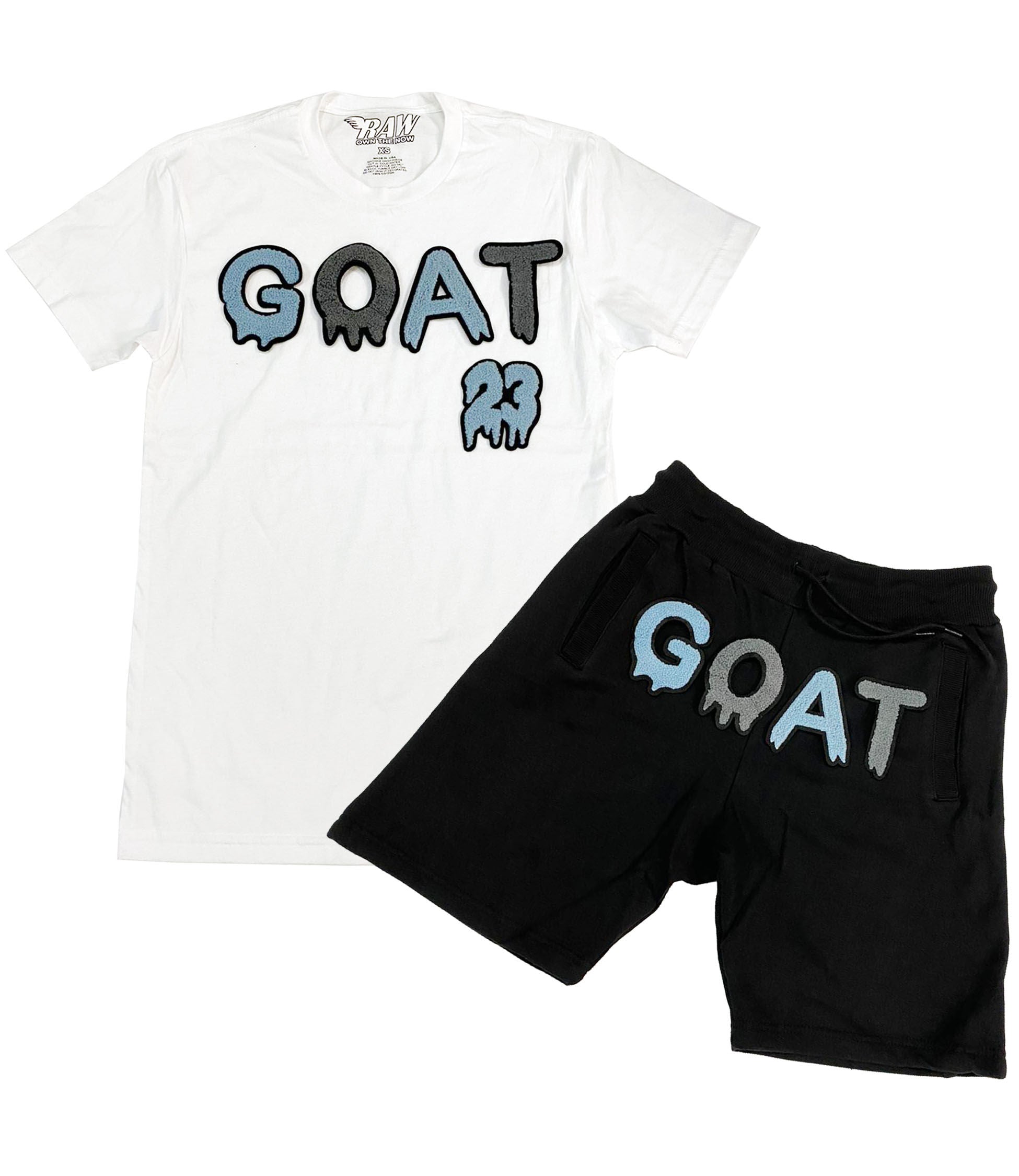 Men GOAT Baby Blue/Grey Chenille Crew Neck and Cotton Shorts Set - White Tees / Black Shorts - Rawyalty Clothing
