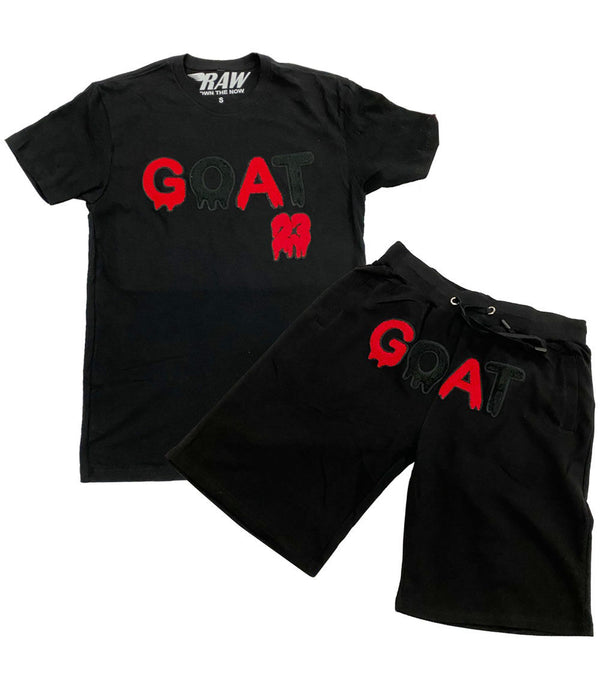 Men GOAT Red/Black Chenille Crew Neck and Cotton Shorts Set - Black Tees / Black Shorts - Rawyalty Clothing