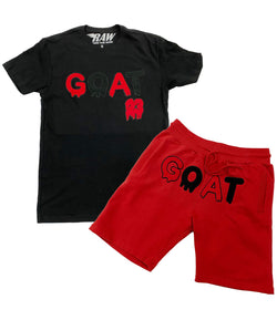 Men GOAT Red/Black Chenille Crew Neck and Cotton Shorts Set - Black Tees / Red Shorts - Rawyalty Clothing