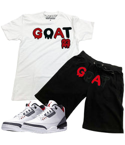 Men GOAT Red/Black Chenille Crew Neck and Cotton Shorts Set - White Tees / Black Shorts - Rawyalty Clothing