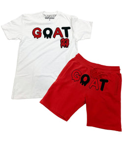 Men GOAT Red/Black Chenille Crew Neck and Cotton Shorts Set - White Tees / Red Shorts - Rawyalty Clothing