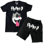 Men Loony RAW Drip White Chenille Crew Neck and Cotton Shorts Set - Black Tees / Black Shorts - Rawyalty Clothing