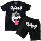 Men Loony RAW Drip White Chenille Crew Neck and Cotton Shorts Set - Black Tees / Black Shorts - Rawyalty Clothing