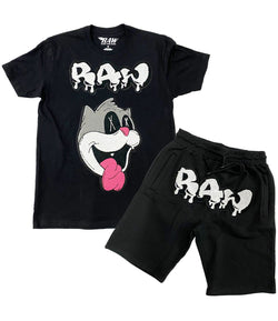 Men Loony RAW Drip White Chenille Crew Neck and Cotton Shorts Set - Black Tees / Black Shorts - Rawyalty Clothing