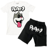Men Loony RAW Drip White Chenille Crew Neck and Cotton Shorts Set - White Tees / Black Shorts - Rawyalty Clothing