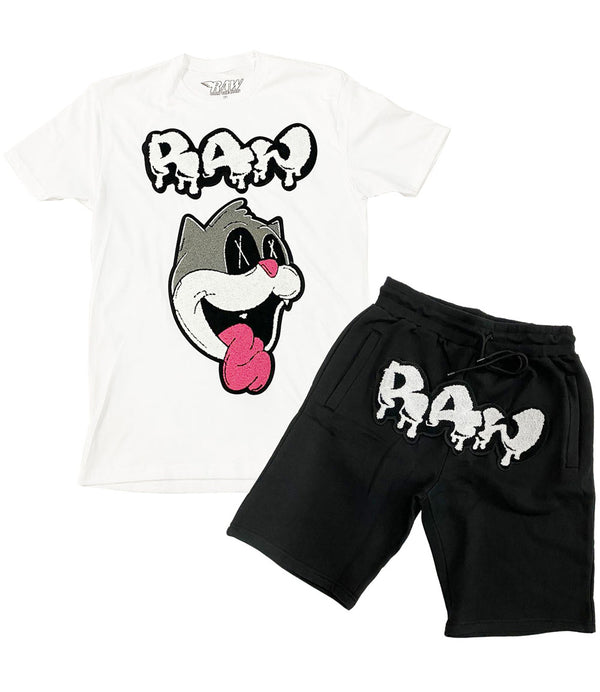 Men Loony RAW Drip White Chenille Crew Neck and Cotton Shorts Set - White Tees / Black Shorts - Rawyalty Clothing