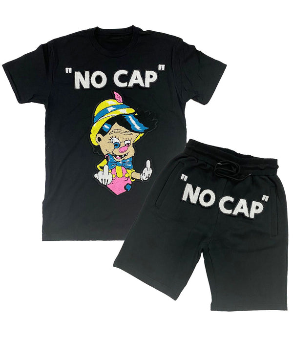 Men No More Lies NO CAP Chenille Crew Neck and Cotton Shorts Set - Black Tees / Black Shorts - Rawyalty Clothing