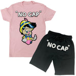 Men No More Lies NO CAP Chenille Crew Neck and Cotton Shorts Set - Pink Tees / Black Shorts - Rawyalty Clothing