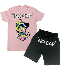 Men No More Lies NO CAP Chenille Crew Neck and Cotton Shorts Set - Pink Tees / Black Shorts - Rawyalty Clothing