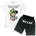 Men No More Lies NO CAP Chenille Crew Neck and Cotton Shorts Set - White Tees / Black Shorts - Rawyalty Clothing