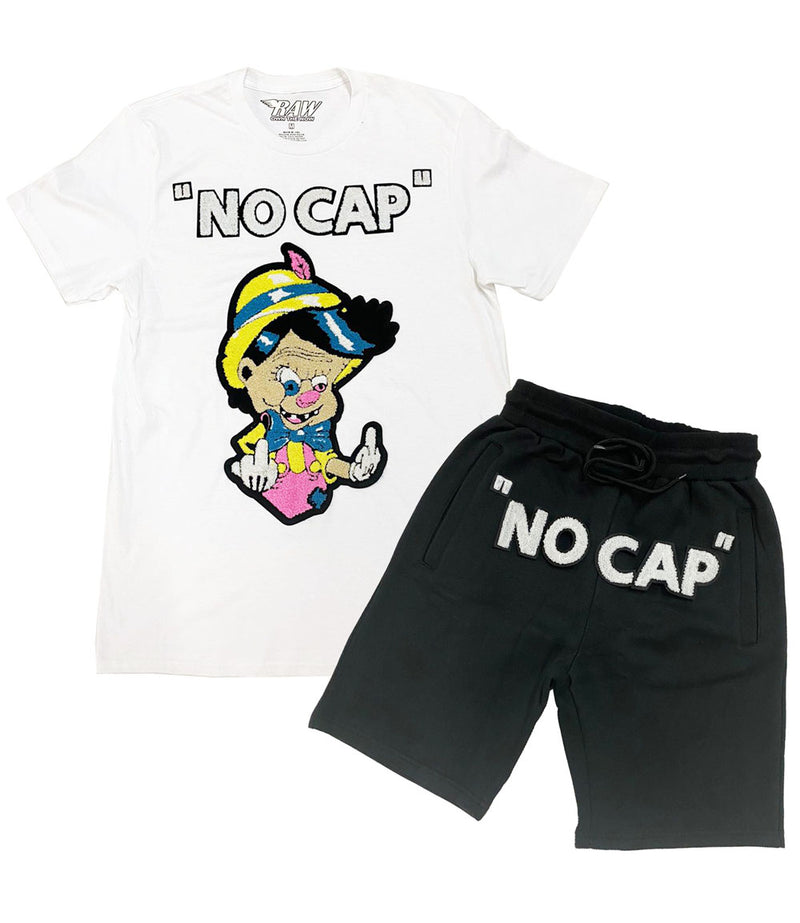 Men No More Lies NO CAP Chenille Crew Neck and Cotton Shorts Set - White Tees / Black Shorts - Rawyalty Clothing