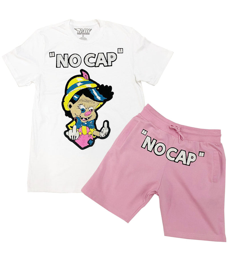 Men No More Lies NO CAP Chenille Crew Neck and Cotton Shorts Set - White Tees / Pink Shorts - Rawyalty Clothing