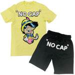 Men No More Lies NO CAP Chenille Crew Neck and Cotton Shorts Set - Yellow Tees / Black Shorts - Rawyalty Clothing