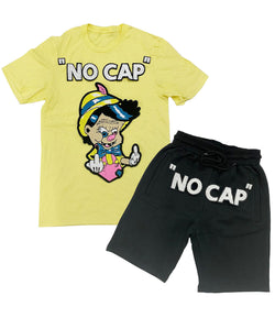Men No More Lies NO CAP Chenille Crew Neck and Cotton Shorts Set - Yellow Tees / Black Shorts - Rawyalty Clothing