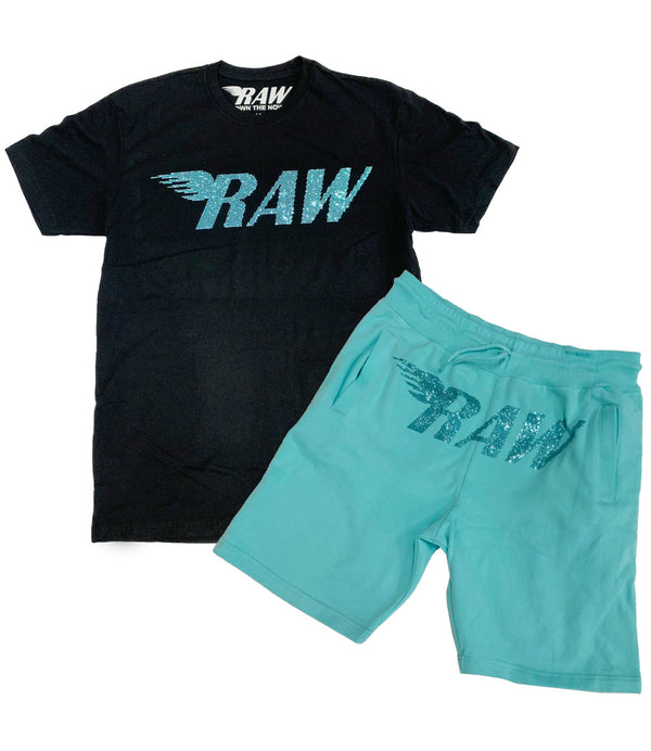 RAW Aqua Bling Crew Neck and Cotton Shorts Set - Black Tees / Aqua Shorts - Rawyalty Clothing