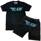 Men RAW Aqua Bling Crew Neck and Cotton Shorts Set - Black Tees / Black Shorts - Rawyalty Clothing