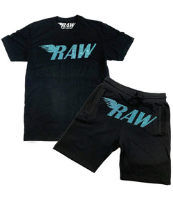 Men RAW Aqua Bling Crew Neck and Cotton Shorts Set - Black Tees / Black Shorts - Rawyalty Clothing
